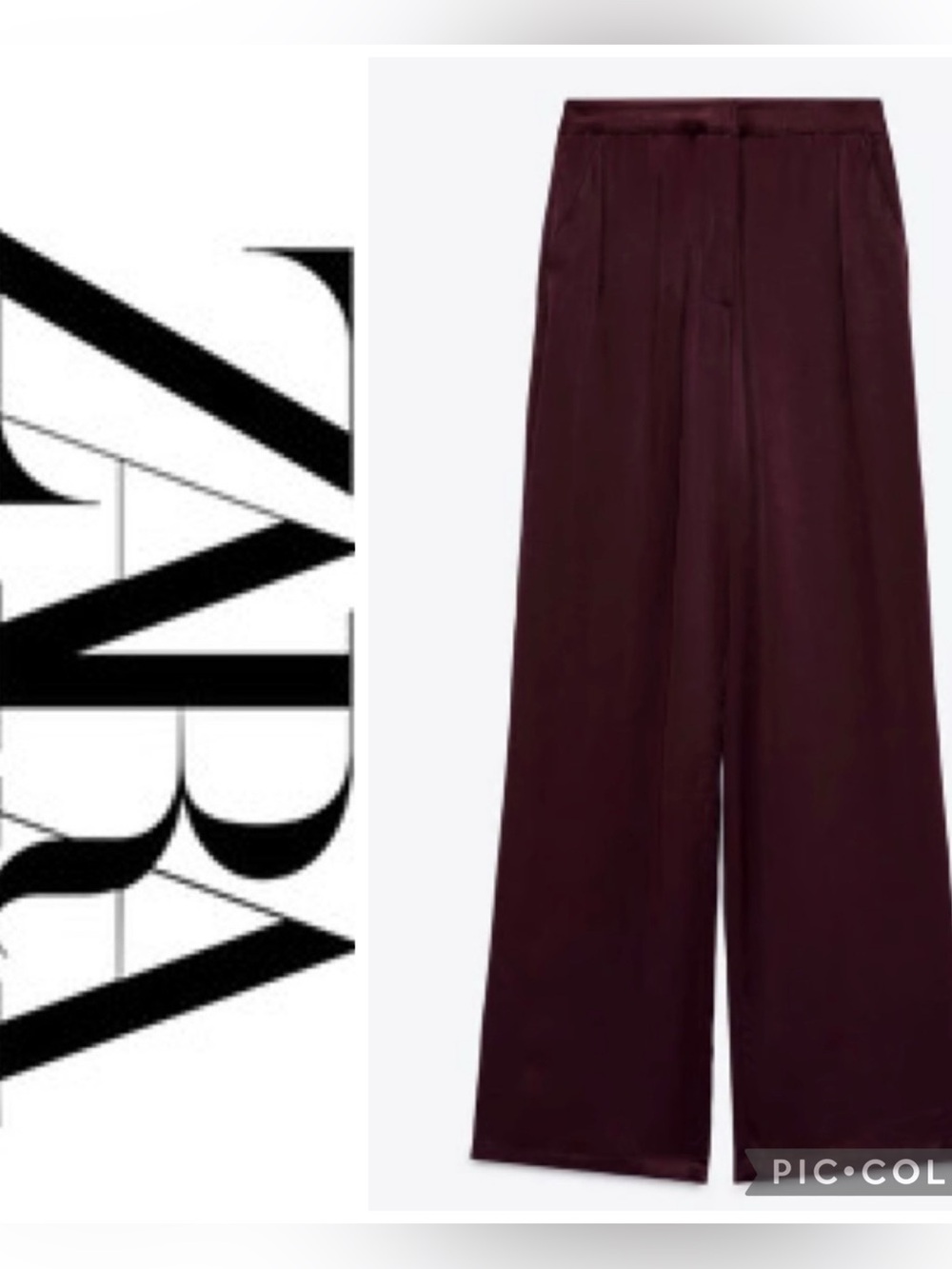Zara Satin Effect Wide Leg Trousers Burgundy Sz Medium